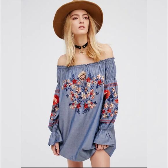 Chambray Light Blue Floral Embroidered OFF Shoulder Mini Dress Denim Cotton L - Picture 1 of 10